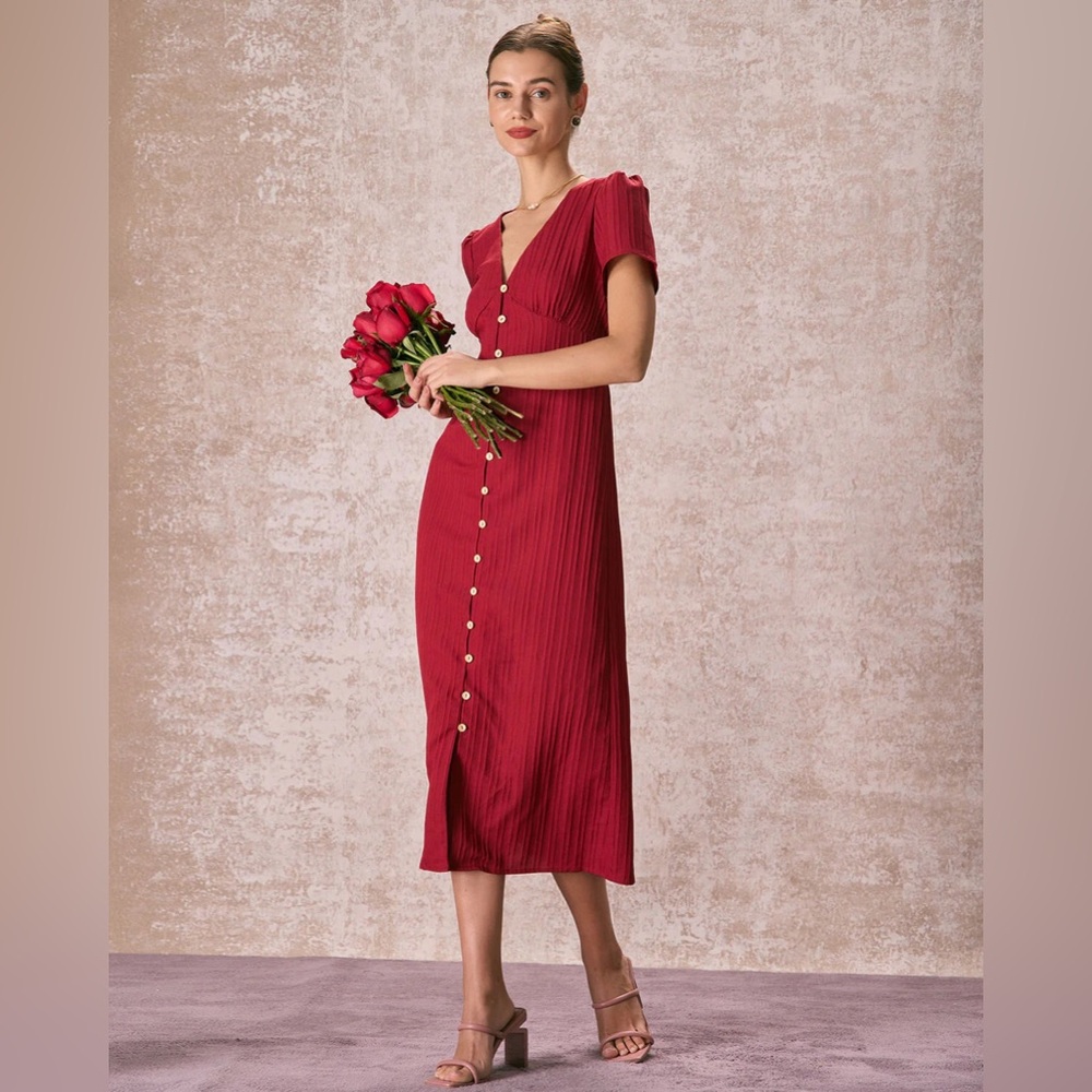 NWT RIHOAS The Red V Neck Shirred Puff Sleeve Midi Dress Sz M - Picture 6 of 10